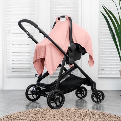 Image of Comfy Cubs Baby Car Seat Cover - Soft, Breathable Bamboo Rayon and Muslin Cotton Blend - Lightweight Canopy for Sun, Bug, and Comfort Protection - Large Size Infant Seat Cover in Bold Blush Design