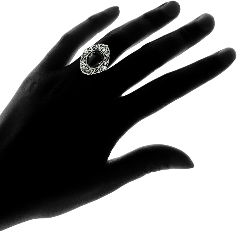 Ice Gems Sterling Silver Simulated Onyx Oxidized Bali Inspired Vintage Oval Ring