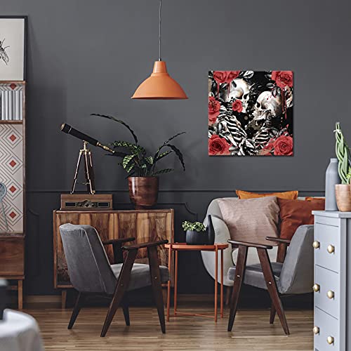Rnnjoile Skull Canvas Wall Art Skeleton Couple With Red Rose Flower Painting Poster Romantic Gothic Pictures For Bedroom Wall Decor Framed 24"X 24" #TOP4
