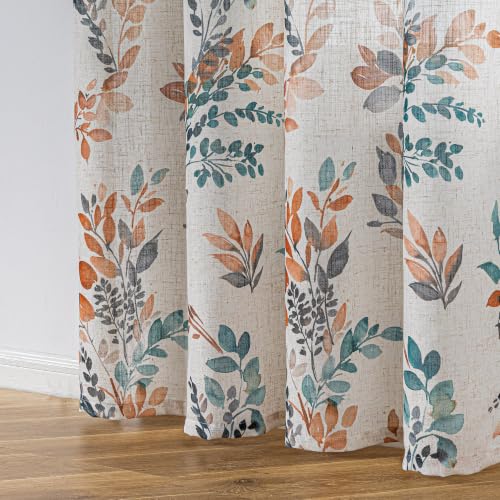 Image of MYSKY HOME Floor to Ceiling Linen Floral Curtains 95 Inch Length 2 Panels Semi Sheer Light Filtering Farmhouse Leaf Printed Window Grommet Drapes for Dining Room, 52 inch W Each Panel, Burnt Orange