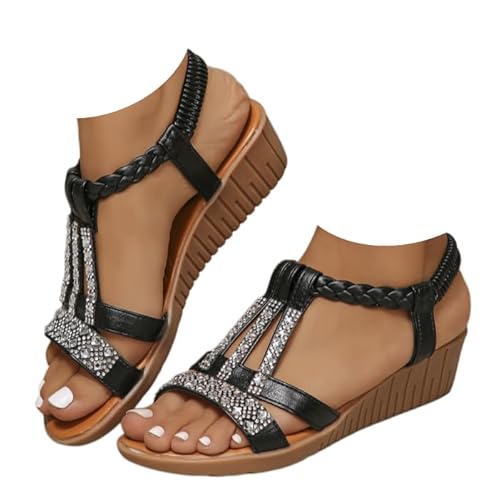 Open Toe T Bar Sling Back Elastic Bohemian Rhinestone Sandals Wedge Sandal Crystal Rhinestone Pearl Sandals (Black,26.5 cm) [���s�A
