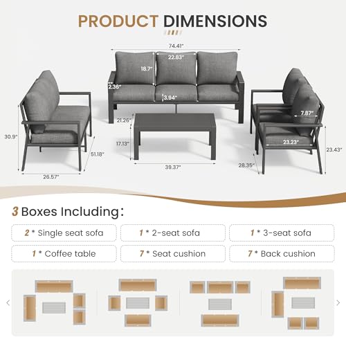 Image of Aluminum Patio Conversation Set with Coffee Table 5 Pieces Deck Outdoor Furniture 7-Seat All-Weather Rust-Proof Sectional Sofa Set with Removable Cushion for Backyard, Poolside & Small Spaces
