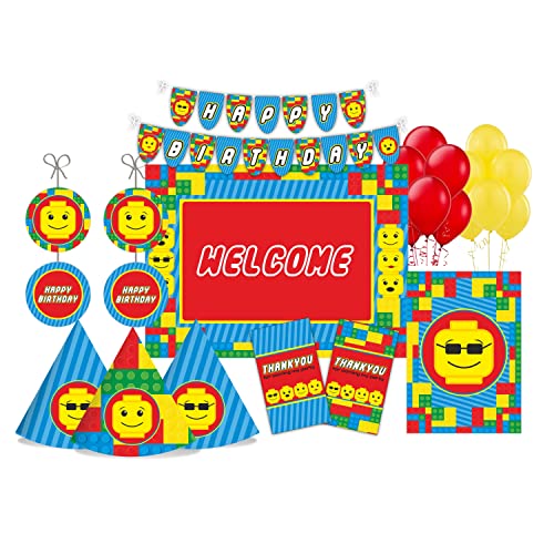 Image of PRETTY UR PARTY Building Blocks Birthday Party Decorations Kit-80 Pcs Includes Banner,Balloons,Thank You,Centerpiece,Danglers,Blocks Party Supplies,Lego Bday Decor,Diy Decor Pack For Kids,Boys