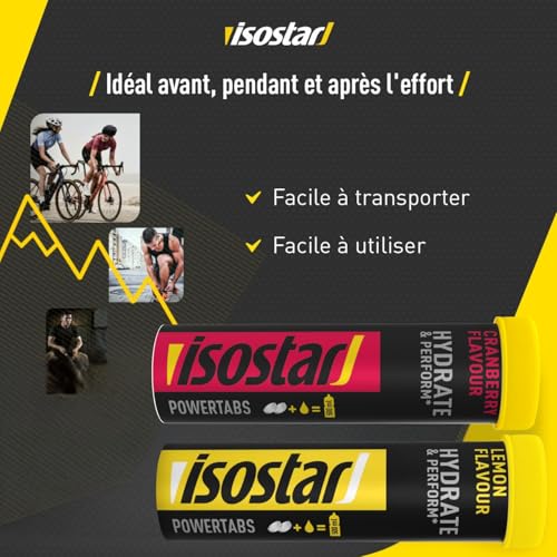 Isostar - Hydrate & Perform Powertabs Zitronen und Cranberrygeschmack - Tabletten für Isotonisches Getränk - Zufuhr von Kohlenhydraten und Elektrolyten - 3 Tuben à 10 Tabletten