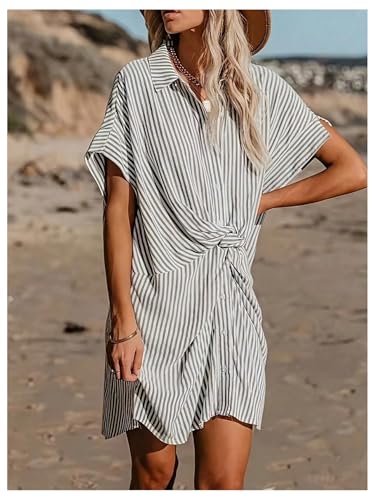 SOLY HUX Women's Striped Shirt Dress Twist Front Collared Neck Short Sleeve Button Down Summer Dresses3