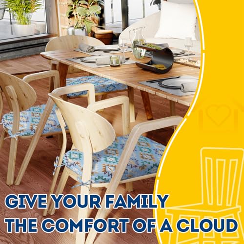 Image of AAAAAcessories D-Shaped Chair Cushions, 2 inch Thick Dining Chair Pads with Ties and Removable, Machine-Washable Cover, 17 inch x 16 inch, Set of 6, Geometric Blue