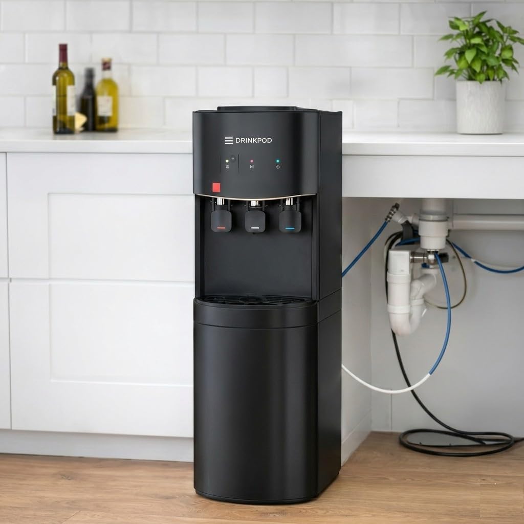 DRINKPOD 1801 Compact Bottleless Water Cooler Dispenser, Hot and Cold Water, Stainless Steel Tanks, Blue LED Light, Ice & Coffee Connect, Installation Kit Included