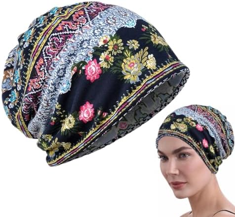 PALAY® Beanie Cap for Women, Floral Print Chemo Cap for Women, Slouchy Hijab Caps Turban, Fashion Hip-Hop Skull Dwarf Hats, Boho Soft Running Head Scarves for Teen Girls - All Season Use