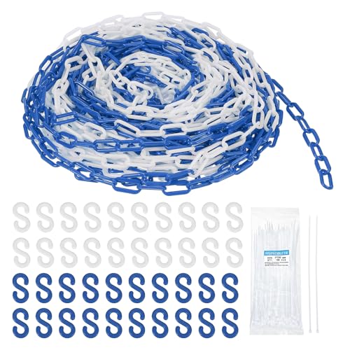 MECCANIXITY Plastic Chain 200 FT/61 M, Safety Chain Blue White Plastic Chain Link Barrier with Zip Ties and S-Hooks for Crowd Control Queue Line Fence Decoration