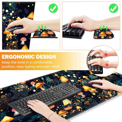 Image of ARTSO Large Gaming Mouse Pad, Keyboard Wrist Rest Pad & Wrist Support Mousepad Set, Stitched Edge, Extended, Non-Slip Base, Memory Foam Desk Mat for Office, Home, Cute Mushrooms