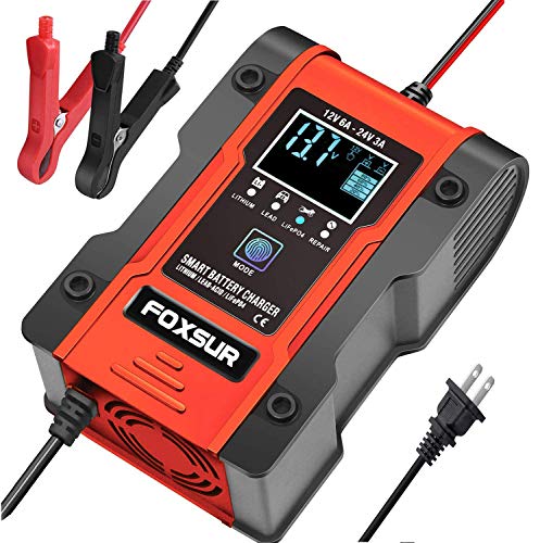 FOXSUR Car Battery Charger 12V 6A / 24V 3Aï¼ŒLithium Battery Charger, 7-Stage Automatic Battery Charger/Maintainer for Car Battery, Motorcycle, Lawn Mower, Truck, Lithium, Lead-Acid, LiFePO4 Battery