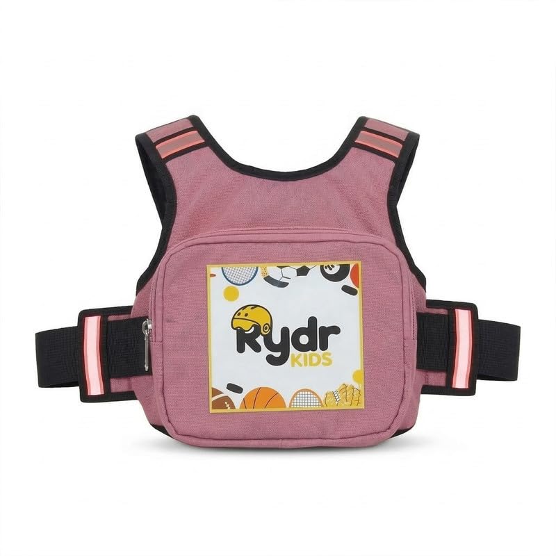 Image of RYDR Premium Motorcycle Safety Harness for Kids (2-12 Years) Adjustable Two-Wheeler Safety Belt for Child Rider with Reflective Strip & Storage Pocket (Pink, with Pocket)