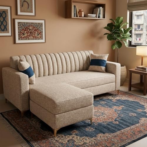 Image of FURNY Signature Regalia 4-Seater L-Shape Sofa Set with Movable Ottoman | Flexible LHS /RHS Layout | Boucle Weave Fabric | 40D Foam + Zigzag Spring | 3-Yr Warranty (Sandstone Beige)
