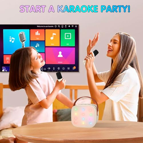 Image of YLL Mini Karaoke Machine with 2 Wireless Microphones for Kids Adults, Portable Bluetooth Speaker Gift for Girls Boys Toys 3, 4, 5, 6, 7, 8, 10, 12+ Years Old Teens Birthday Home Family Party (Cream)
