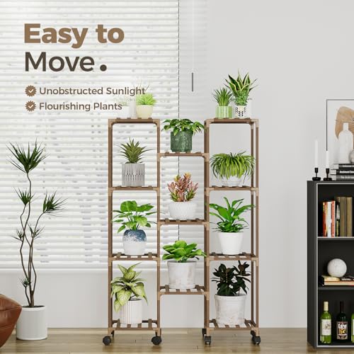 image for Bamworld Plant Stand With Wheels Indoor Outdoor Wood Plants Shelf for 