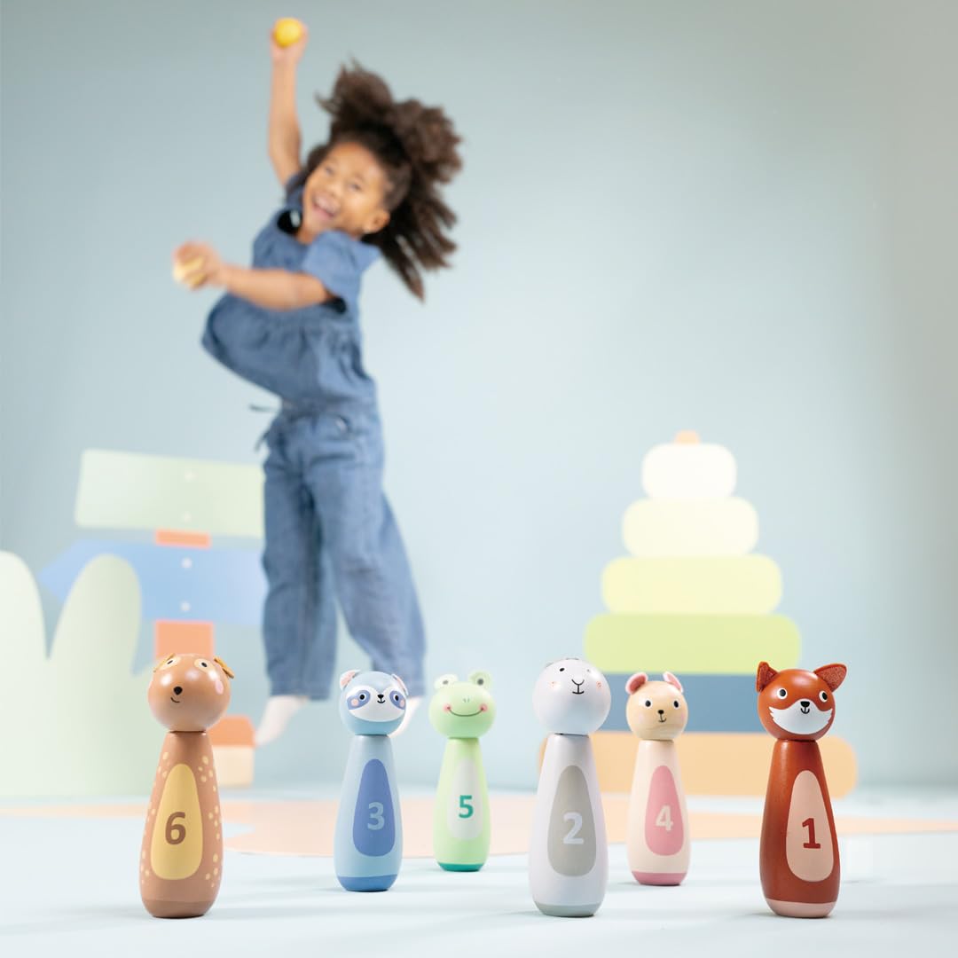 Woet Wooden Bowling Set for Kids Age 3+, 6 Animal Pins & 2 Balls, Educational Indoor Game, Colorful Numbered Animal Skittles - Image 3