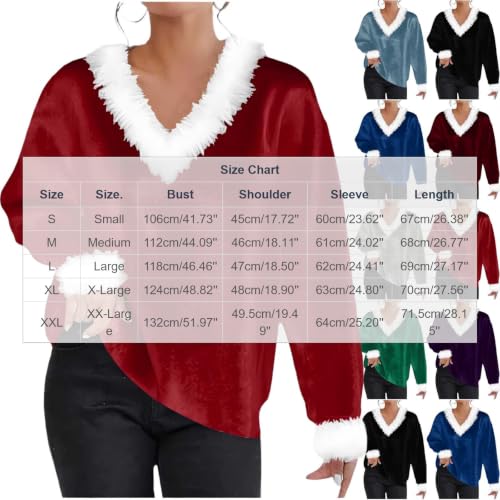 Velvet Womens Tops Faux Fur Trim V Neck Long Sleeve Holiday Blouse - image 4