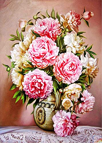 Diamond Painting Pintura de Diamante 5D DIY Manualidades Adultos Cuadros Diamantes Pintar por Numeros Niños Puzzle Diamond Art para la Decoración de Pared del Hogar,Pink Flower Vase,70x90cm Cover