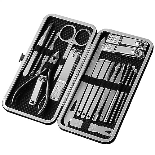 Kit Manucure Pedicure Kit de manucure coupe-ongles professionnel, kit de pédicure, 19 pièces en acier inoxydable, outils de soin des ongles, kit de toilettage avec étui en cuir de voyage for hommes et