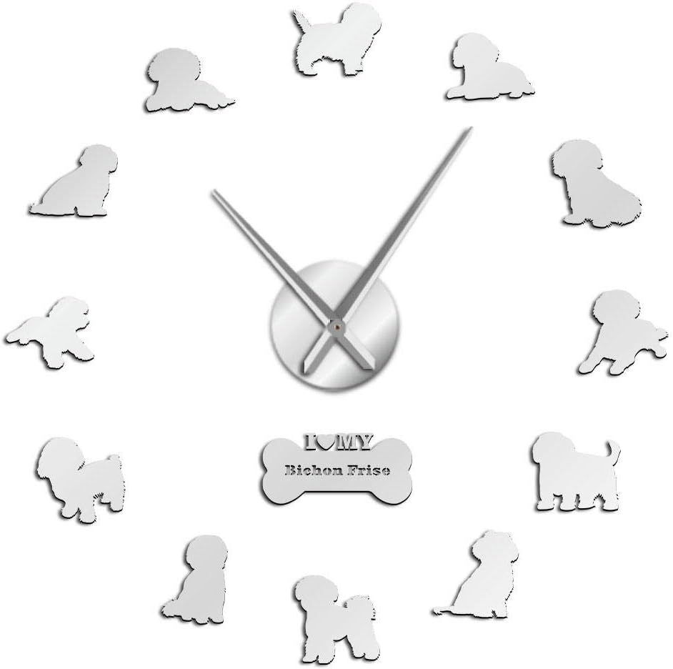 Bichon Frise Large 3D Mirror Effect Wall Clock Silent Non Ticking Movement Clock Bichon à Poil frisé Wall WatchSilver 37 inch(90cm)