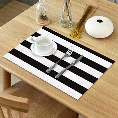 Placemats Set Of 6, Black Beige White Wide Striped Cotton Line Stain Resistant Table Mats Washable Placemat Decoration For Kitchen Dining Table #TOP3