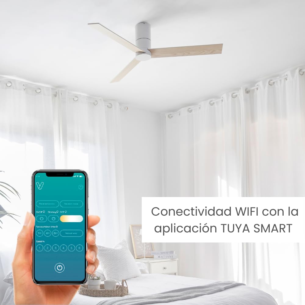 / HYBRID/Ventilador de techo blanco con wifi y palas reversibles blanco-arce Ø120 cm/Ultra Silencioso, bajo consumo, 6 Velocidades, Mando, Verano-Invierno, temporizador, TUYA, modo brisa
