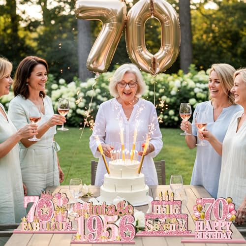 4Pcs Pink Rose Gold 70th Birthday Decorations Vintage 1956 Wooden Table Centerpieces for Women Hello Forty Table Sign Poster with Stand Cheers to 70Years Bday Theme Party Table Decor Display Holder by EUOYUFO - Used condition - Image 6