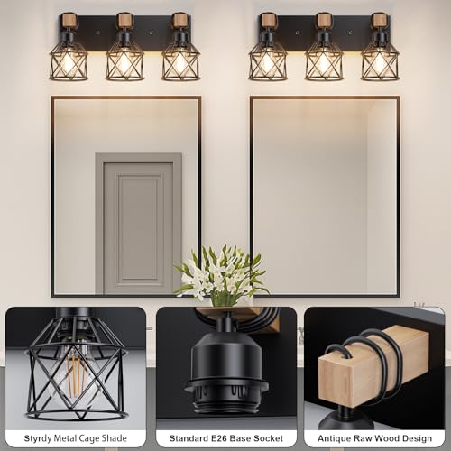 Image of Farmhouse Vanity Light for Bathroom, 3-Light Wood Bathroom Vanity Light Fixtures Over Mirror, Black Rustic Wall Sconce with Cage Metal Lampshade, Vintage Wall Lights for Bedroom, Living Room, Hallway