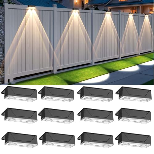 Srtyuo Solar Fence Lights Outdoor - 3 Color Modes(3000K/4000K/6000K), IP55 Waterproof Solar Lights, Fence Light Solar Powered for Outside, Backyard, Railing, Steps, Patio and Wall Lighting（12 Pack）