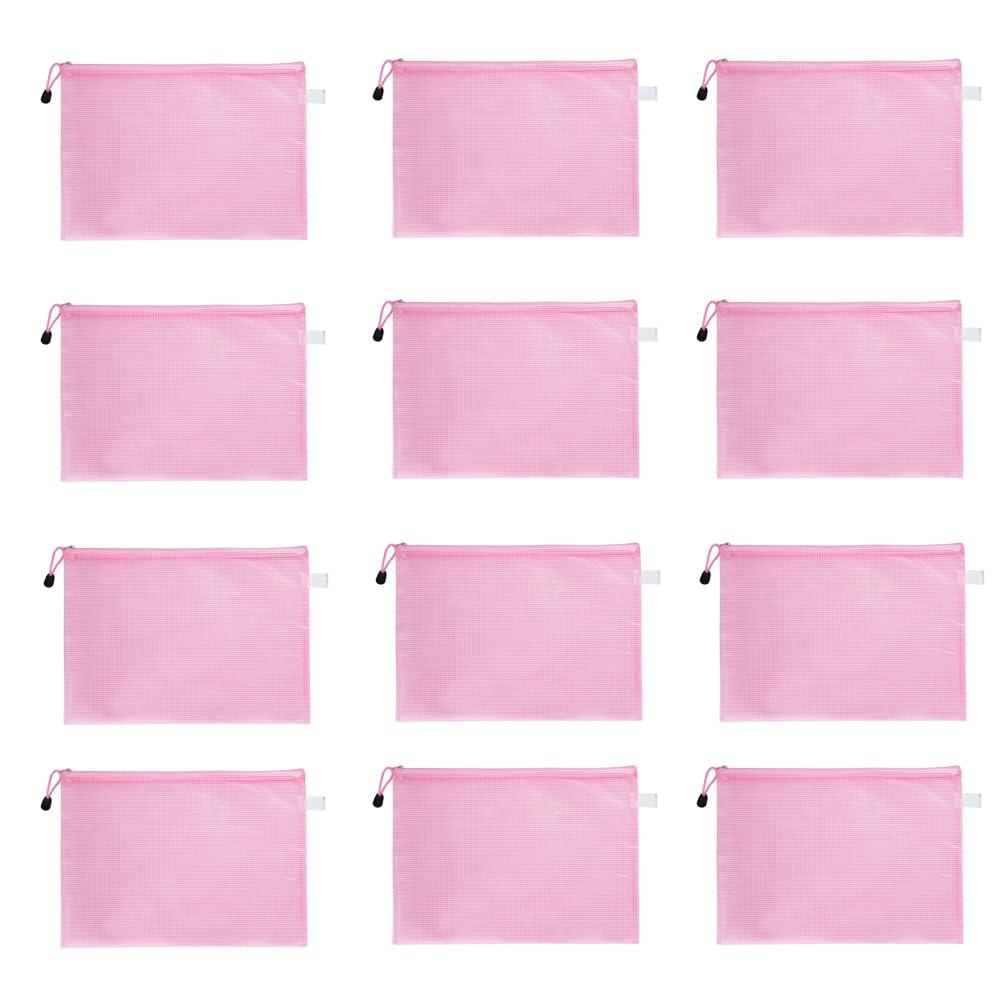A4 Zip Folders, Plastic Wallets Zip Lock Bags for Offices Home Travel School Supplies, Zip Wallets Plastic Folders File Pockets File Bag for Cosmetics, Cross Stitch, Puzzles, Pack of 12, Pink