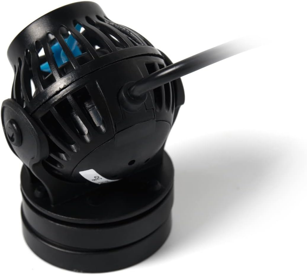 lateral view of the Jebao EOW wave maker pump, showing its compact design and the cable connection point.