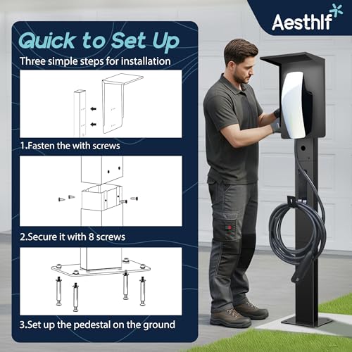 Image of Outdoor EV Charger Pedestal for Tesla & J1772 Charger with Roof | Heavy-Duty Rugged Stand, Anti-wobble Stable Base, Anti-Rust Finish, Handy Organizer Keeps Cable Tidy, Rain & Leaf Protection