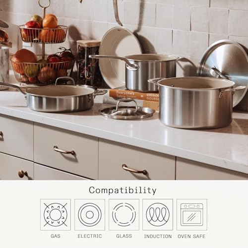 Image of Made In Cookware - 3 QT CeramiClad Non Stick Saucier with Lid (Stainless Handle)- 5-Ply Stainless Clad with Stay-Cool Handle - Professional Cookware - Crafted in Italy - Induction Compatible