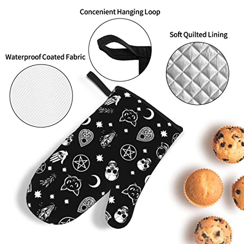 Skull Cat Moon Gothic Pattern Oven Mitts And Pot Holders 4 Pcs Sets Heat Resistant Gloves For Kitchen Bbq Cooking Baking Grilling #TOP3