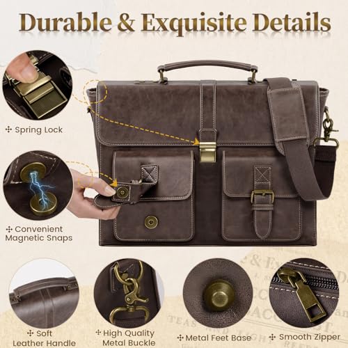 Image of RAINSMORE Mens Messenger Bag 15.6 Inch Leather Vintage Laptop Briefcase Waterproof Computer Laptop Bag Leather Satchel Bag Large Shoulder Bag for Office Work Travel College, Coffee