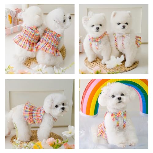 Image of HDKUW Small Dogs Dress with Bow,Chihuahua Yorkies Female Dog Clohtes,Pink Plaid Puppy Tutu Princess Dresses with Dog Bowknot,Girl Doggie Cats Skirt Outfits 2XL