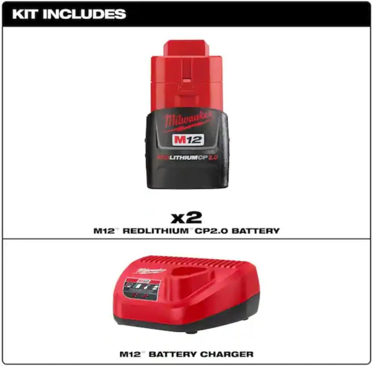 Milwaukee M12 12V Lithium-Ion Compact Battery Pack (2-Pack) Starter Kit with Charger 48-59-2420P