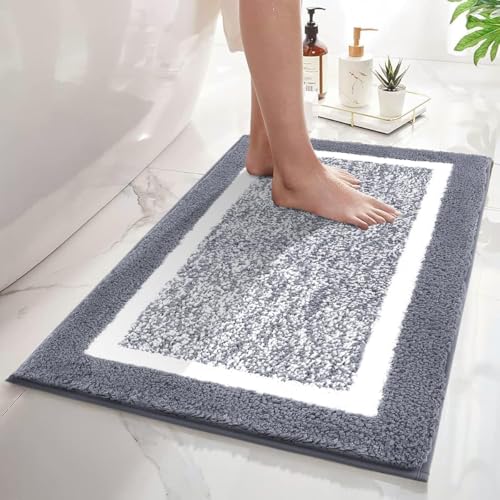 SHACOS Bathroom Rug Mat Fluffy, Microfiber Shaggy Bath Mat, Non-Slip Soft Bathroom Carpet, Super Absorbent Quick Drying, Machine Washable, for Shower Floor Bathtub, Grey, 60 x 90 cm