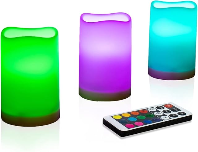 Flameless Pillar Candles Outdoor and Indoor Candles Decorative, 7 Colour Changing LED Flickering Candles with Remote Control and Timer, Set of 3, 2.5" D X 4" H
