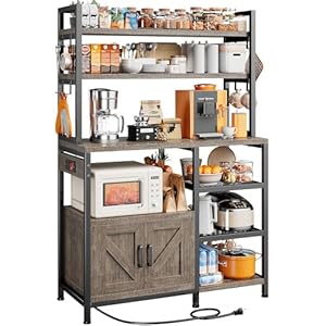 EnHomee Bakers Rack with Power Outlet, 6 Tier Coffee Bar with Storage Cabinet, Microwave Stand with Side Hooks, Utility Shelf for Kitchen