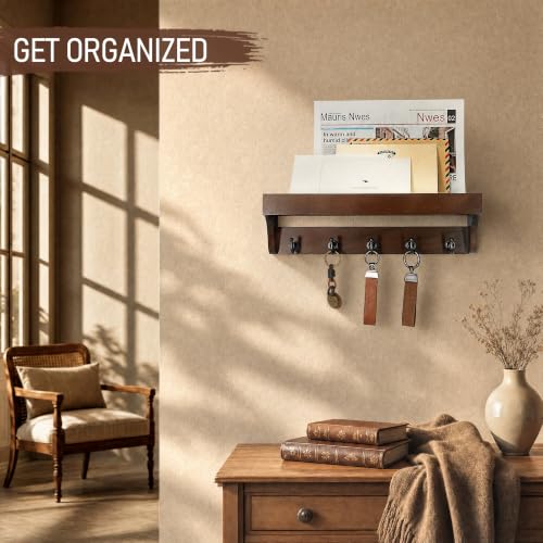 Image of Walnut Wood Key Holder Wall Mount for Room Decor and Organization, Brown | Key Holder for Wall with Shelf for Plants & Cute Things,5 Sturdy Key Hooks,Can Also Hang Dog Leashes,Ideal for Home Decor