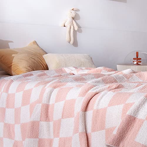 Searoomy Throw Blanket Checkerboard Soft Fuzzy Blanket Reversible Plush Plaid Throw Blankets Warm Cozy Preppy Checkered Knit Fluffy Blanket Bed Decor Girls Gift(Light Pink, 60×79In) #TOP5