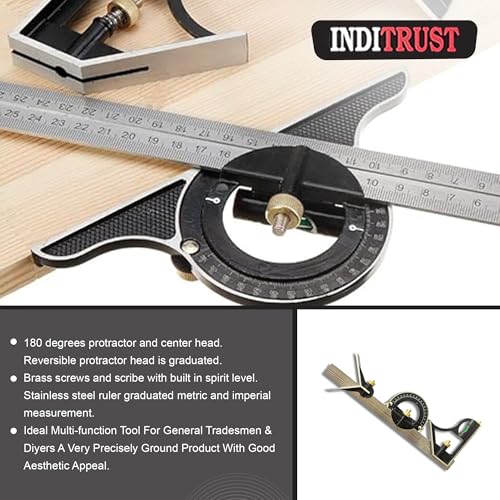 Image of Inditrust 12 inch 300mm Sprit Level Combination Square with GLOVES Protractor Iron Cast Tri- Square Angle Ruler Machinist Measuring Tool Set - Multicolor
