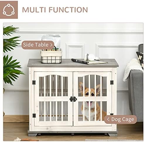 PawHut Wooden Dog Crate Furniture Pet Kennel Cage End Table for Small Medium Dogs, Indoor, White, 85.5 x 59.5 x 68 cm