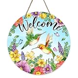 Bolisom Welcome Spring Summer Hummingbird Front Door Sign, Daffodil Morning Glory Flower Wood Door Hanger Outdoor Outside Porch Decor, Hyacinth Floral Wooden Wreath Indoor Wall Hanging Decoration