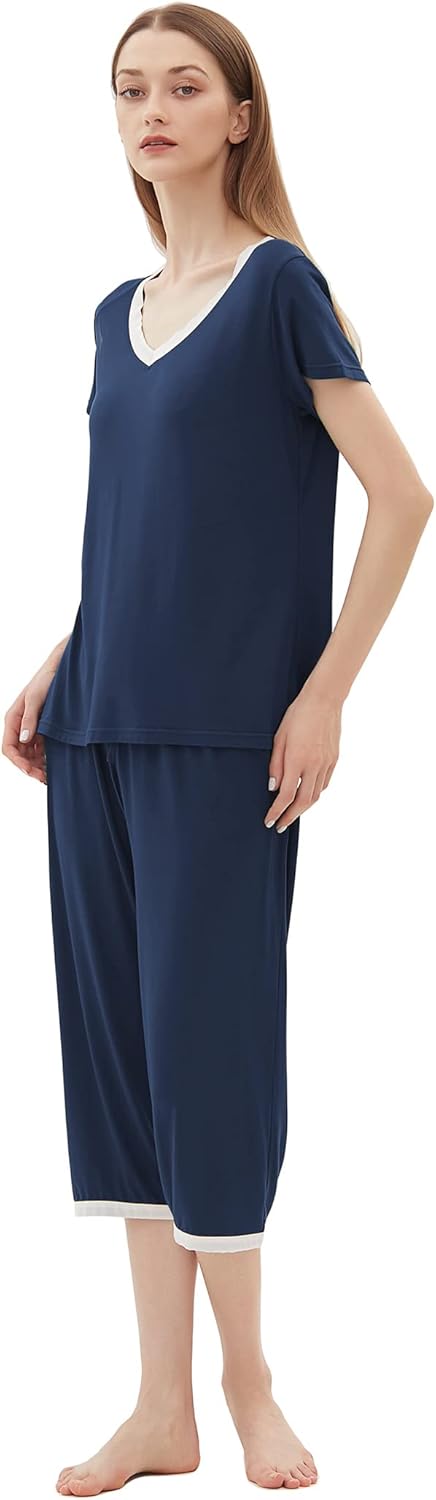 Joyaria Womens Pajama Sets Short Sleeve and Capri Pants Soft Bamboo Viscose 2 Pieces Sleepwear Lounge Set - Image 5