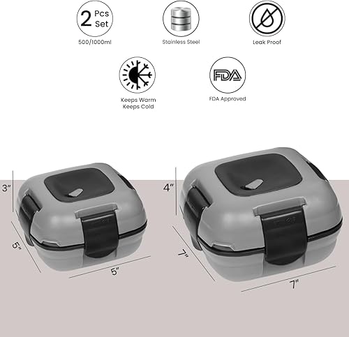 Miniatura 4 de Pinnacle Lonchera inulada a prueba de fugas para niños y adultos, contenedor térmico de acero inoxidable para la escuela, juego de 2 tamaños (gris,