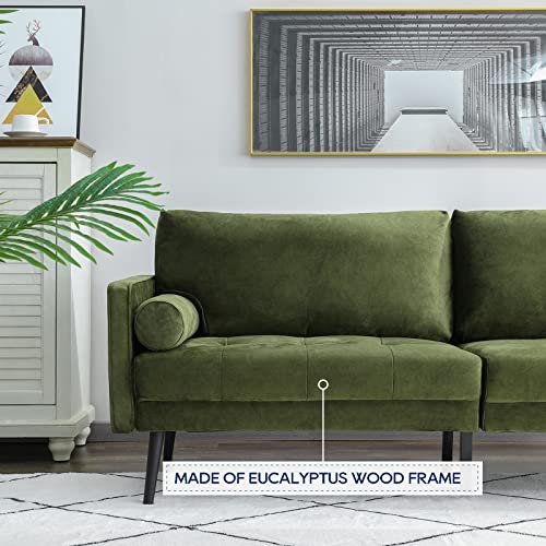 Vonanda Velvet Sofa Couch, Mid Century Modern Craftsmanship 73 Inch 3-Seater Sofa With Comfy Tufted Back Cushions And 2 Bolster Pillows For Compact Living Room, Elegant Mustard Green #TOP5