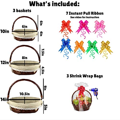 Trebisky Wicker Basket With Cello Wrap, Complete Diy Gift Set Include Heat Shrink Cellophane Bags And Ribbons, Empty Basket For Wine, Picnic, Storage, Food, Easter, Christmas, Birthday (Brown 3Pk) #TOP1