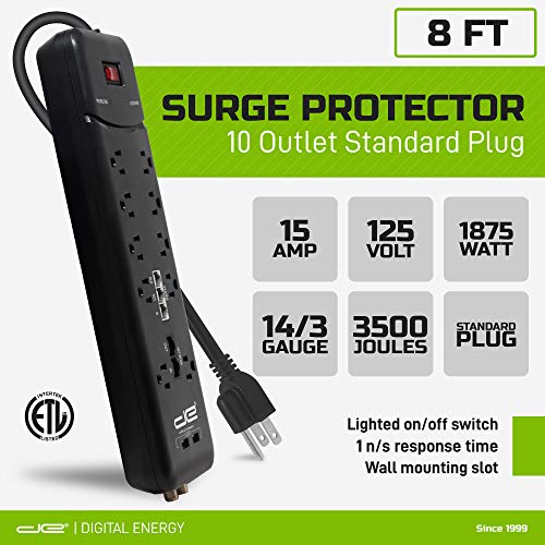 Digital Energy 10-Outlet Straight Plug 3500 Joules Heavy Duty Surge Protector Power Strip, 8 Foot Long Extension #TOP5